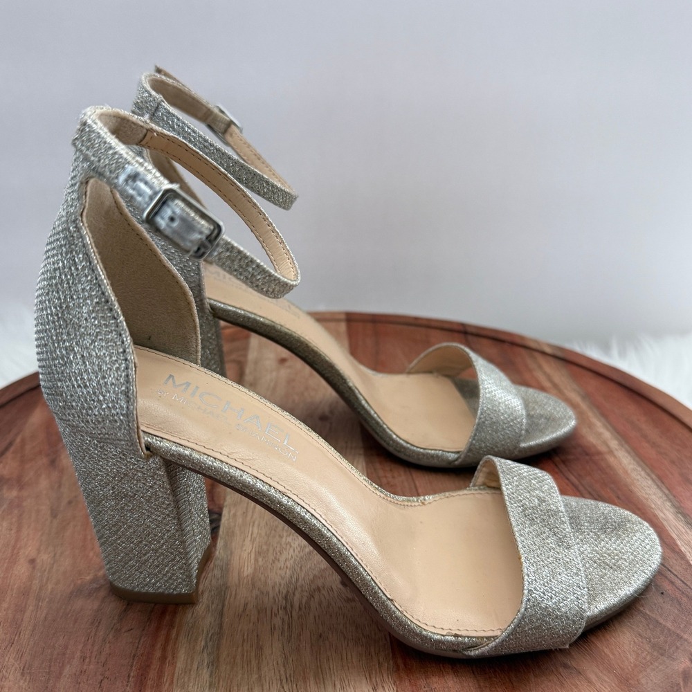 MICHAEL SHANNON SASCHA Silver Glitter Block Heel Ankle Strap‎ Sandals Size 7